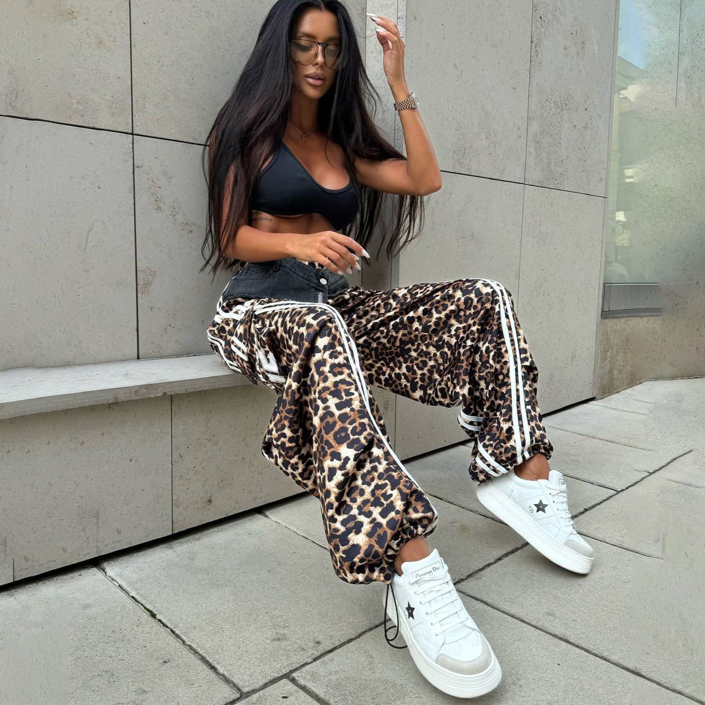 Leopard Print Casual Street Fashionable Striped Pants