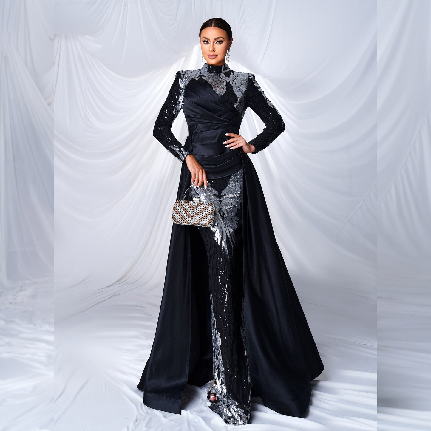 Women's Sleeve Temperament Crew Neck Sequined Banquet Fishtail Dresses