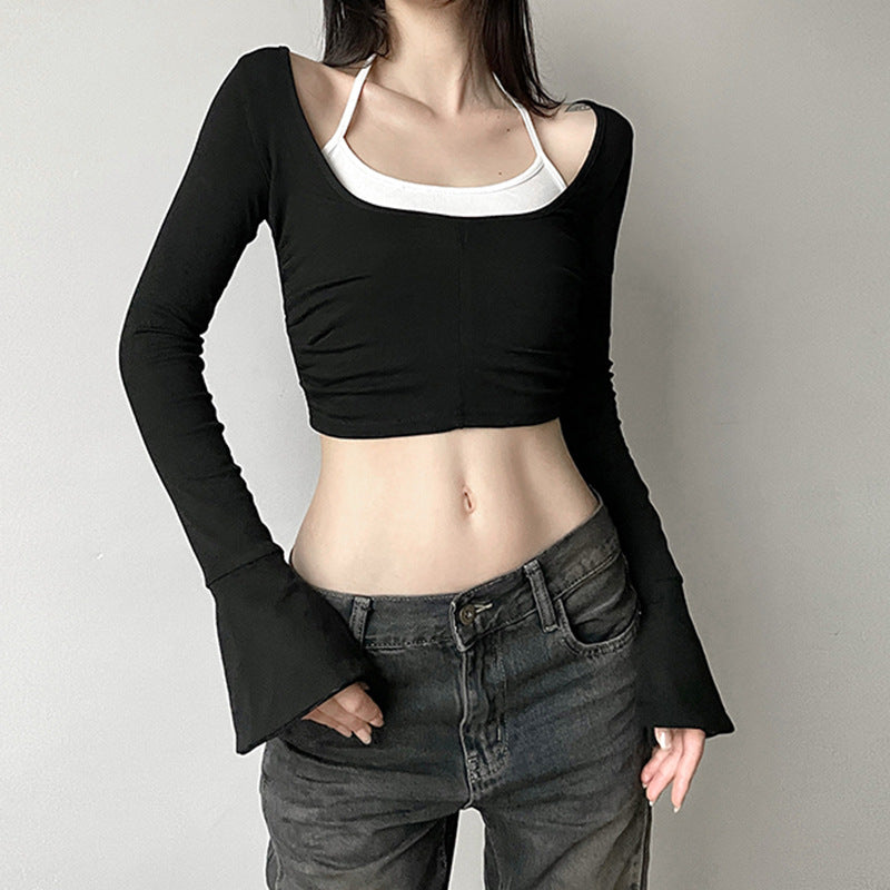 Women's Raglan Sleeve Printed T-shirt Crop Bottoming Round Blouses