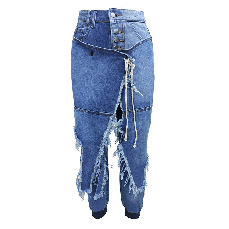 Women's Large Ripped Trendy Rib Ankle Banded Jeans