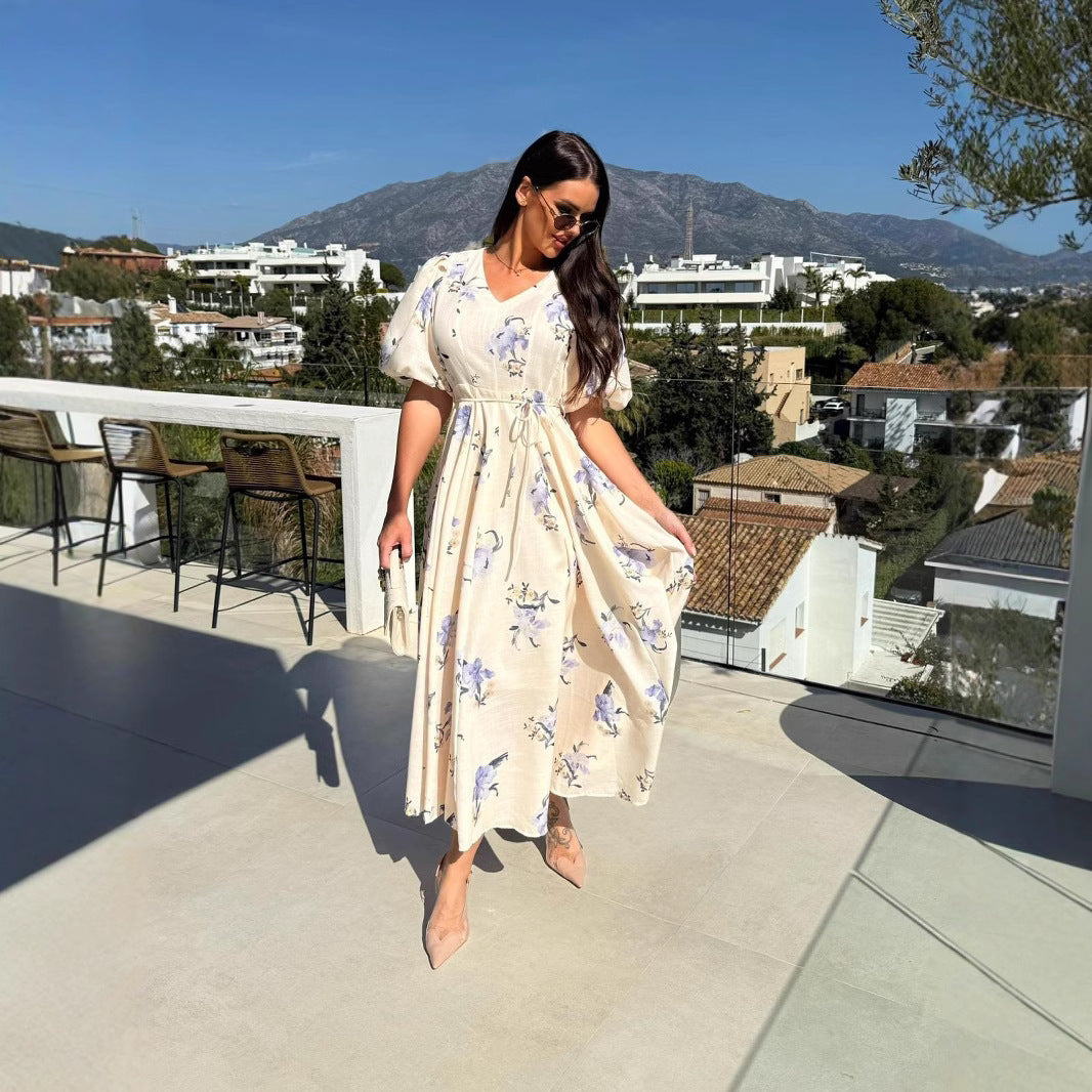 Women's Sleeve Printed Lace Up Large Swing Dresses