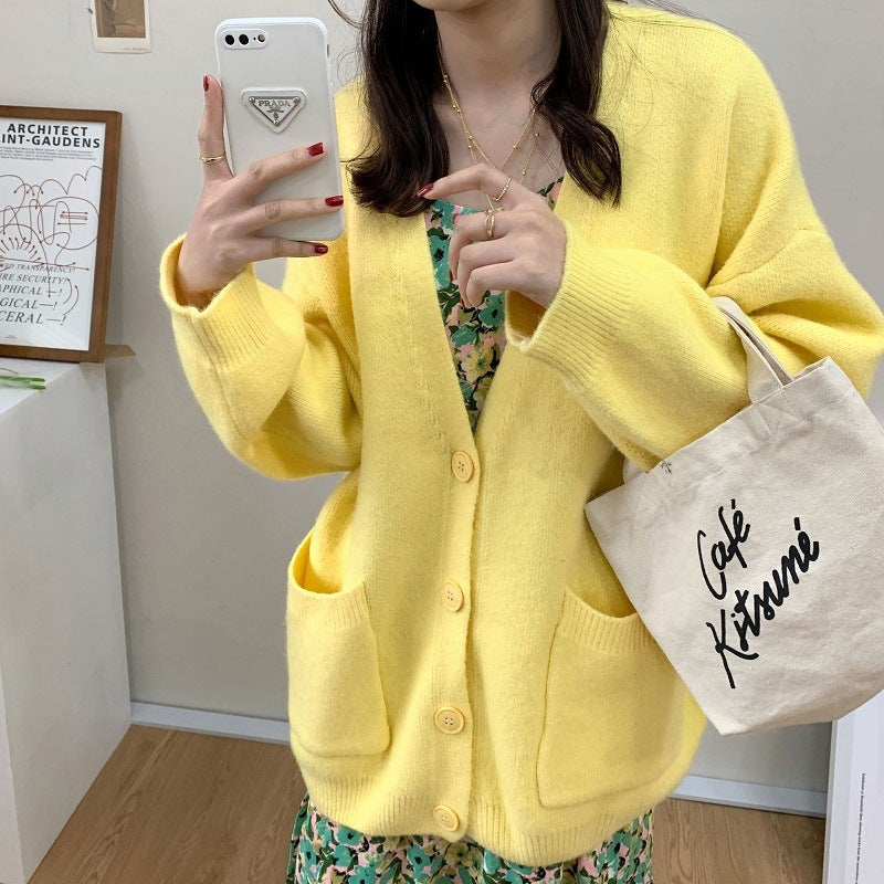 Korean Style Pocket Loose Outer Wear Casual Solid Women's Sweater