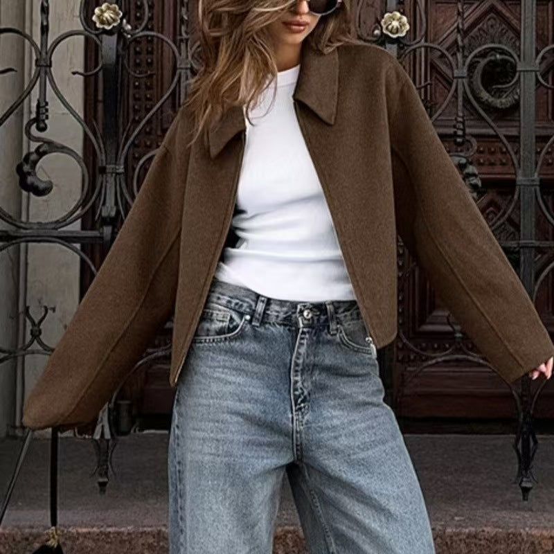 Women's American Woolen Lapel Retro Solid Color Coats