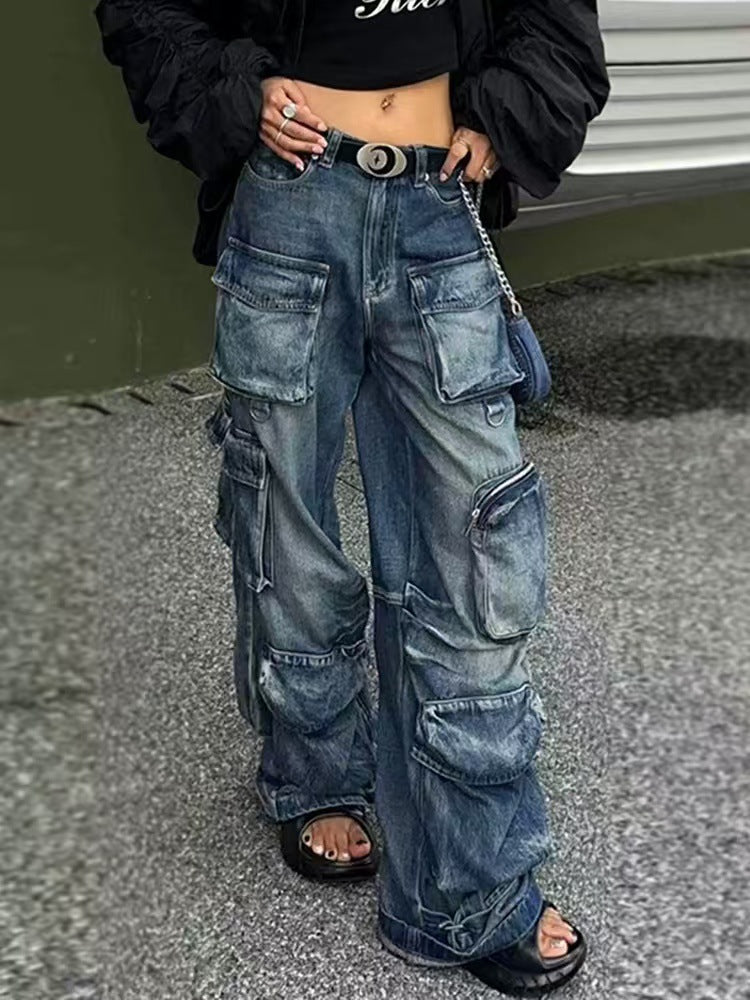 Women's Overalls Street Style Hot Worn Looking Washed-out Wide Pants