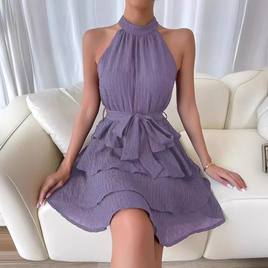 Women's Summer Halter Stitching Sleeveless Ruffled Dress Dresses