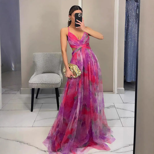 Mesh Printing Slip Dress Vacation Leisure Dresses
