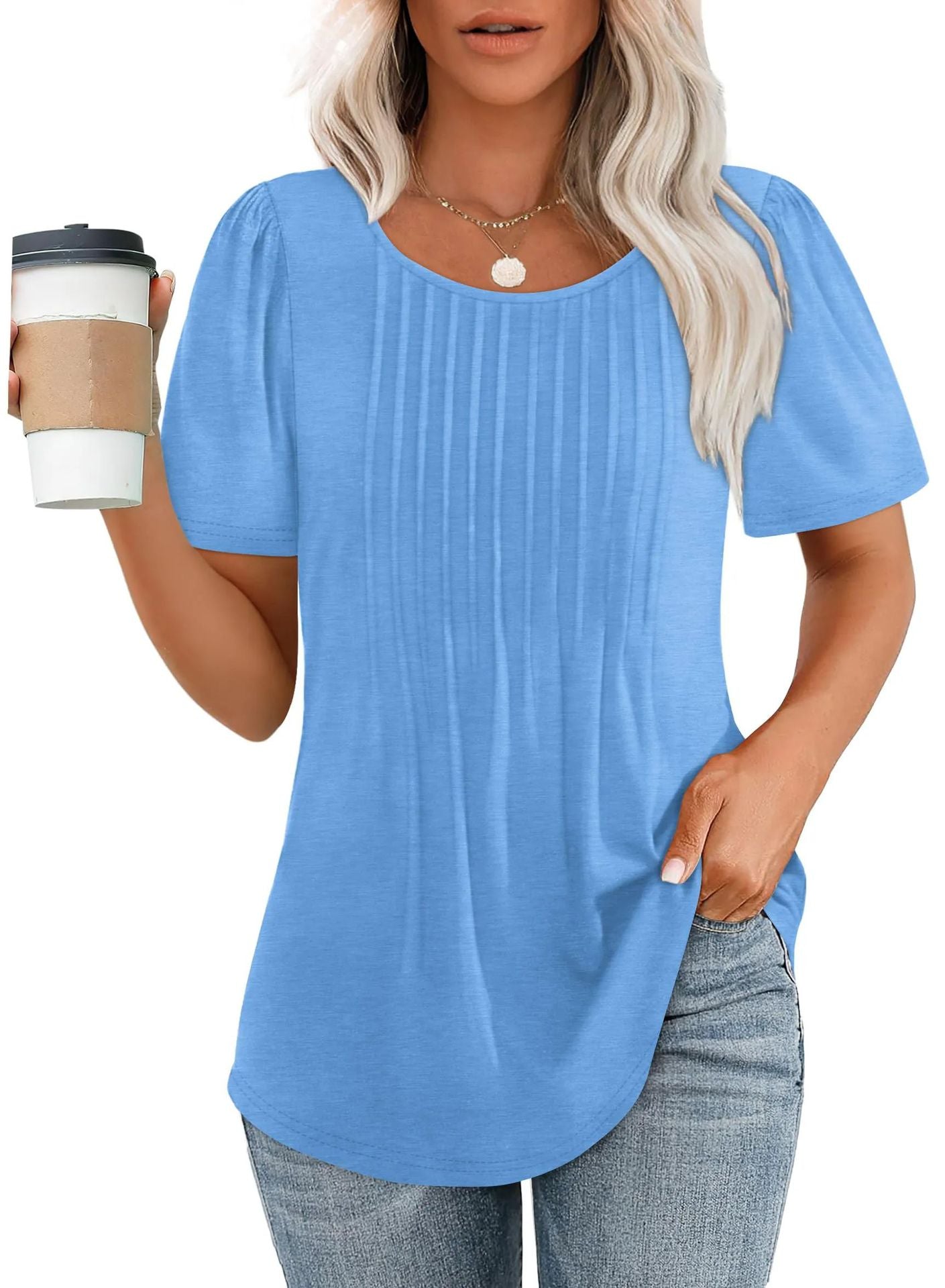 Women's Loose Pleated Round Neck Sleeve T-shirt Stripes Blouses