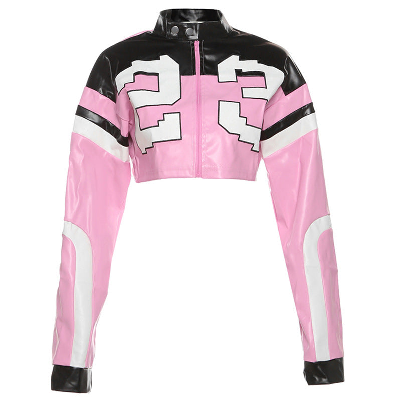 Women's Fashion Motorcycle Contrast Color Embroidery Stitching Slim Clothing