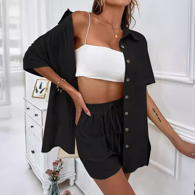Women's Two-piece Solid Color Shirt Outfit Casual Loose Clothing