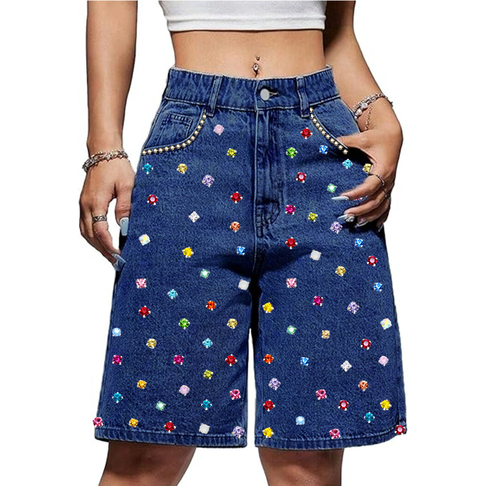Women's High Waist Loose Points Stretch Diamond Jeans