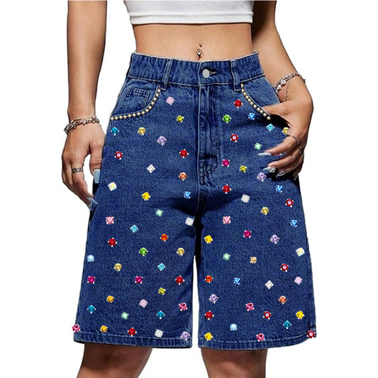 Women's High Waist Loose Points Stretch Diamond Jeans