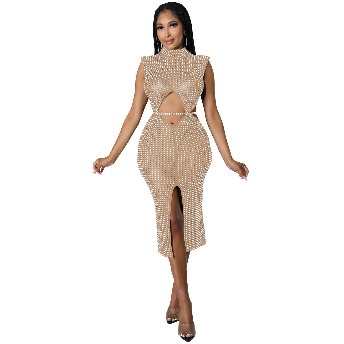 Women's Fashion Sexy Mesh Rhinestone Hollow Split Dresses