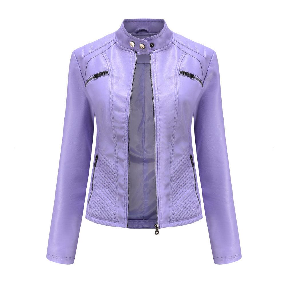 Women's Casual Leather Stand Collar Solid Color Jackets