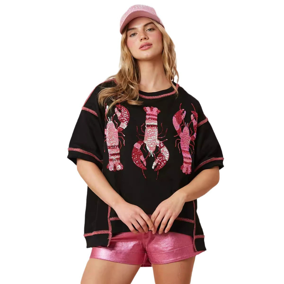 Women's Summer Loose Casual Lobster Sequined T-shirt Blouses