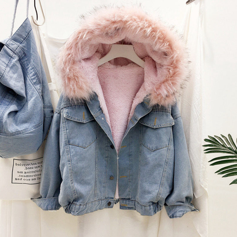 Women's Denim For Winter Hooded Thickened Fleece Coats