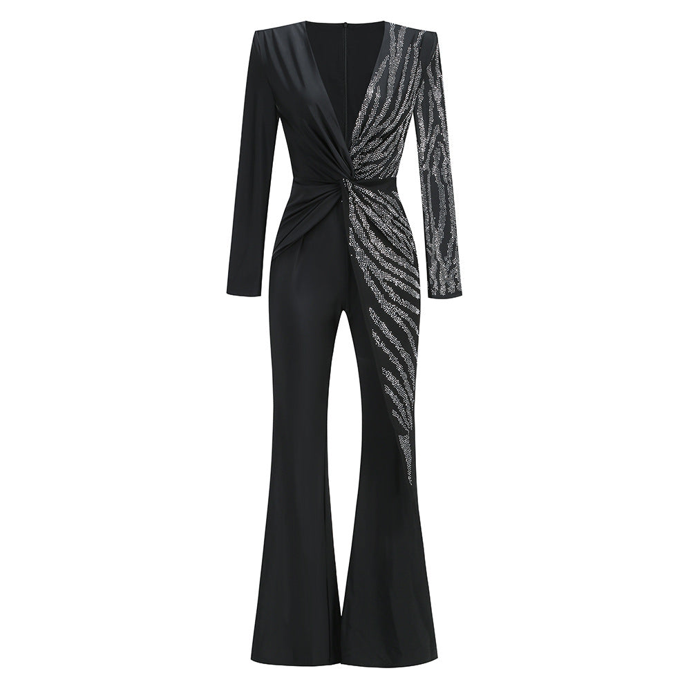 Women's Fashion Wear Shiny Rhinestone Sexy Deep Jumpsuits