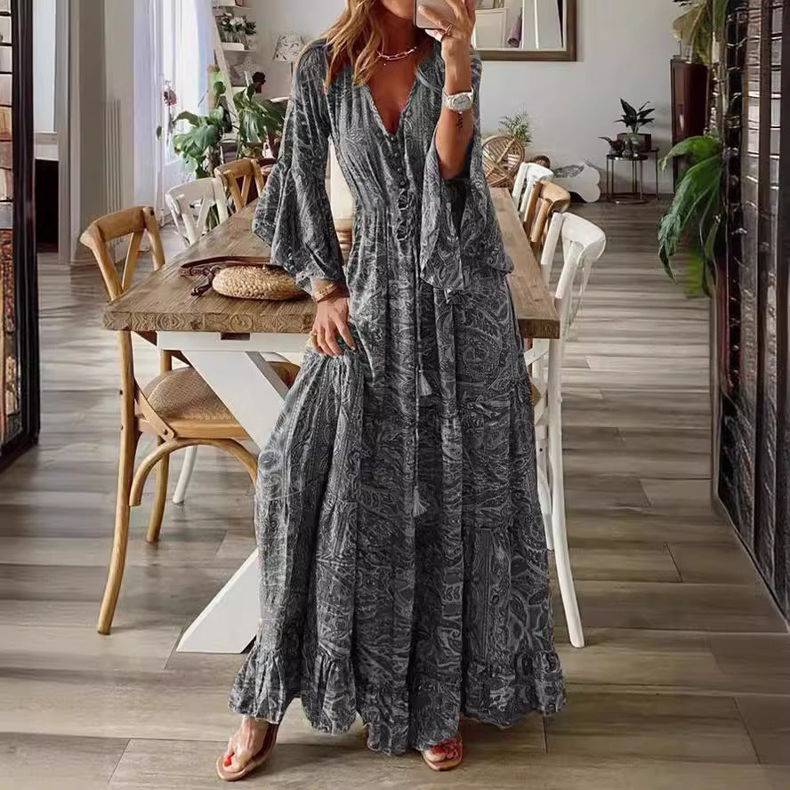 Sleeve Printed High Waist Holiday Dress Dresses