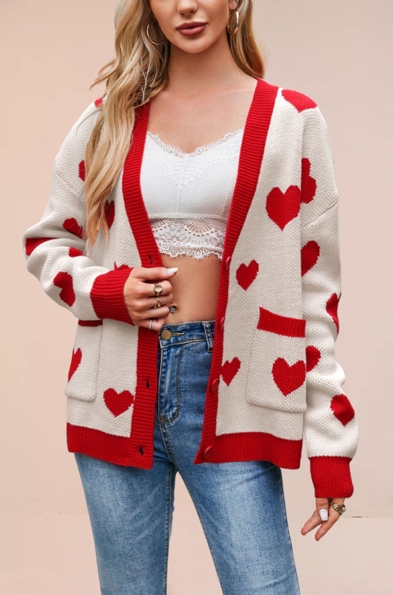 Women's Valentine's Day Love Peach Knitted Pocket Sweaters