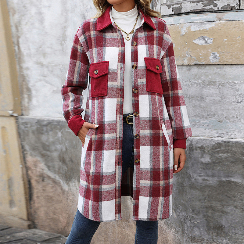 Women's Mid-length Plaid Vintage Brushed Square Splicing Coats
