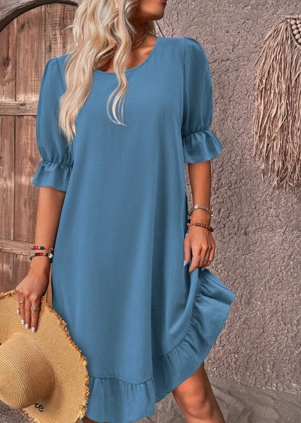 Women's Cotton Linen Half Sleeve Round Neck Solid Color Loose Big Dress