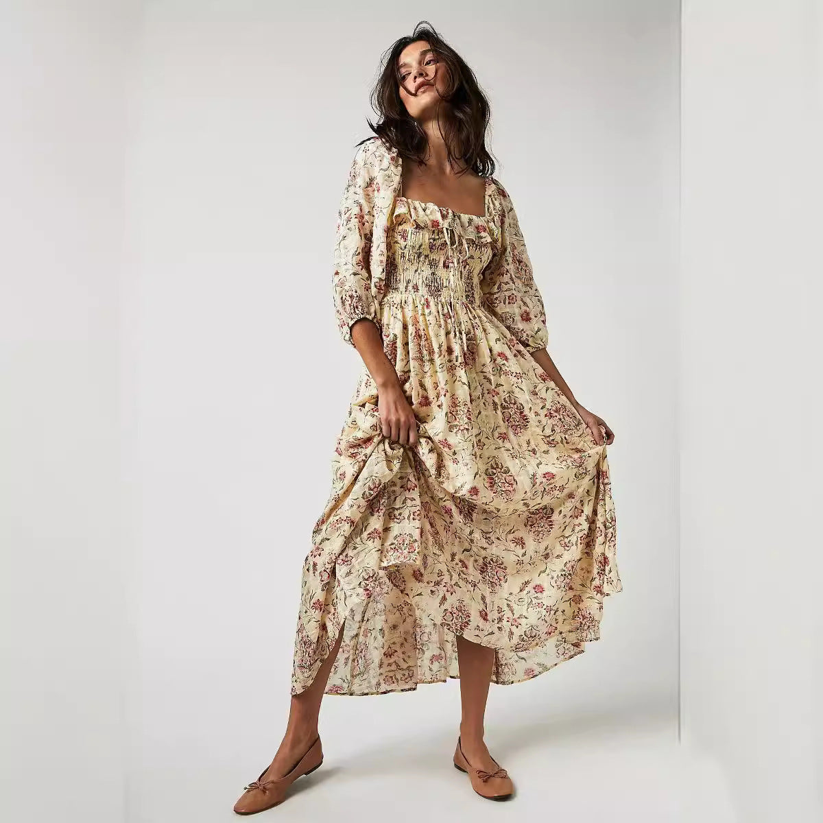 Autumn Exposed Back Ruffled Square Collar Printed Dresses
