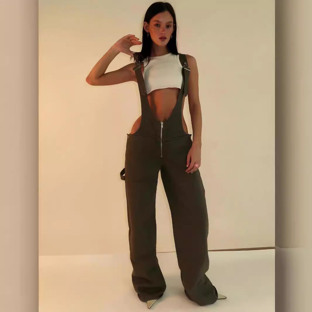Street Style Low Waist Strap One-piece Wide Leg Summer Jeans