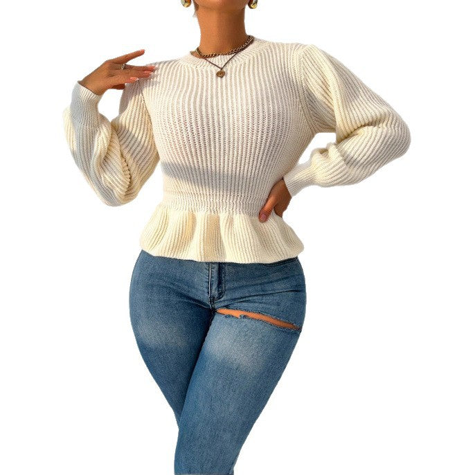 Women's Waist Slimming Temperament Crew Neck Ruffled Sweaters