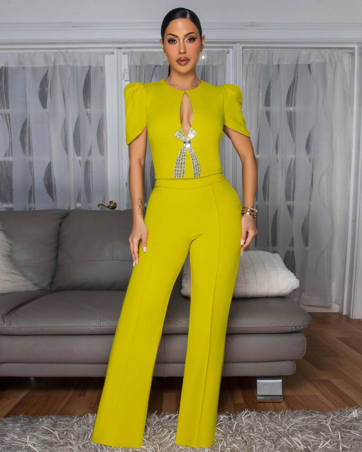 Women's Personalized Line Bow Decoration Short-sleeved Casual Jumpsuits