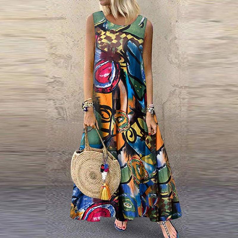 Women's Printed Cotton Linen Sleeveless Large Long Dresses