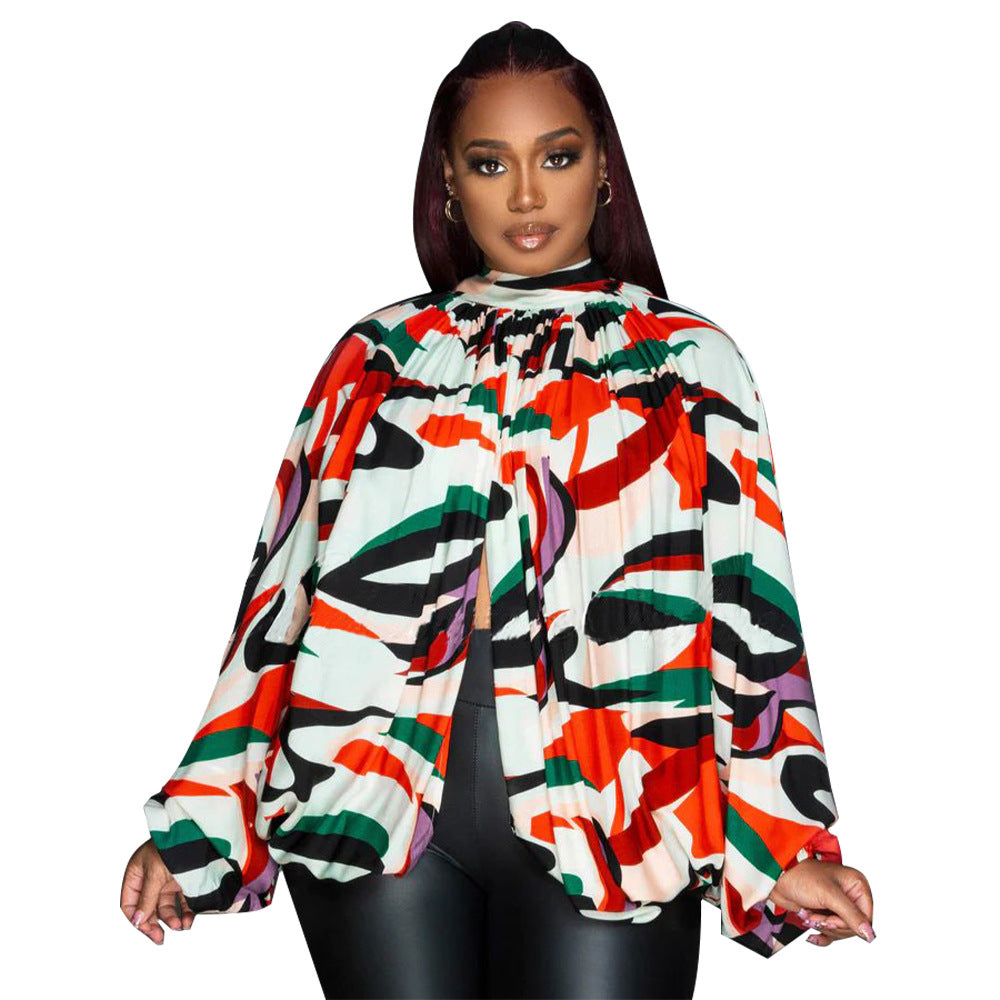 Women's Lace Printing Chiffon Shirt Batwing Sleeve Blouses