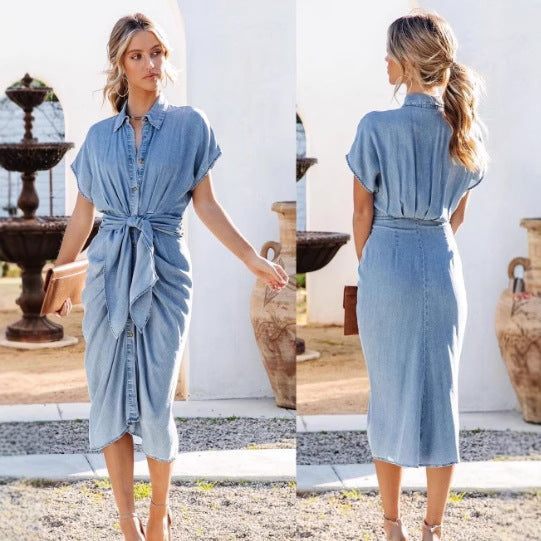 Women's Casual Lapel Sleeve Clinch Denim Dress Dresses