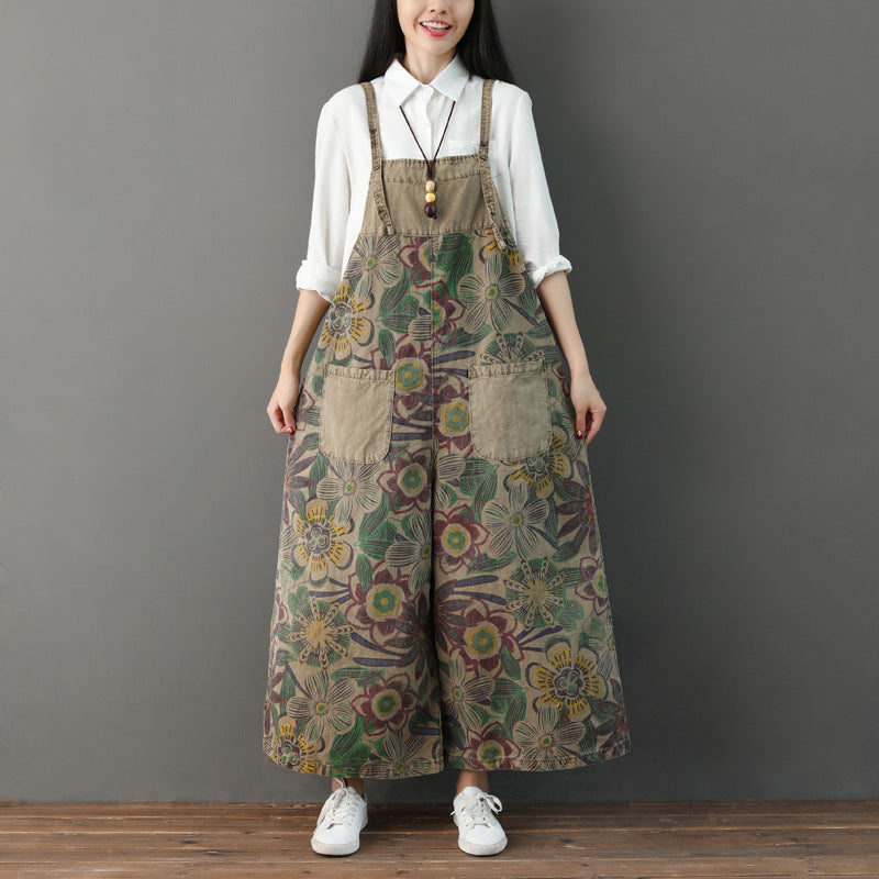 Distressed Printed Suspenders Retro Adjustable Color Jeans