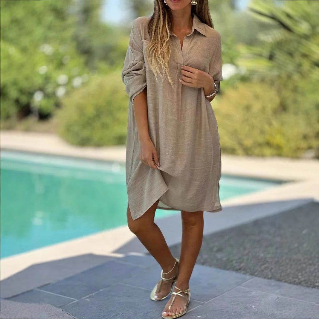 Loose Beach Sleeve Solid Color Cotton Blouses