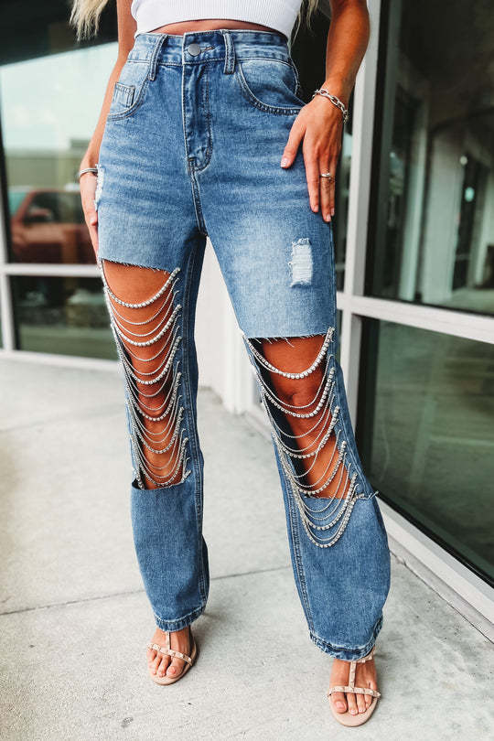 Women's Early Spring Style Big Ripped Chain Jeans