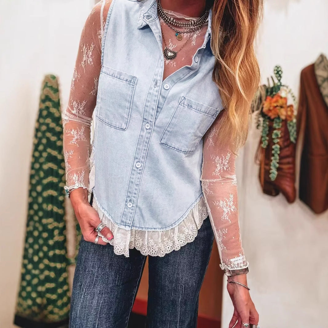 Elegant Russian Lace Stitching Denim Sleeveless Tops