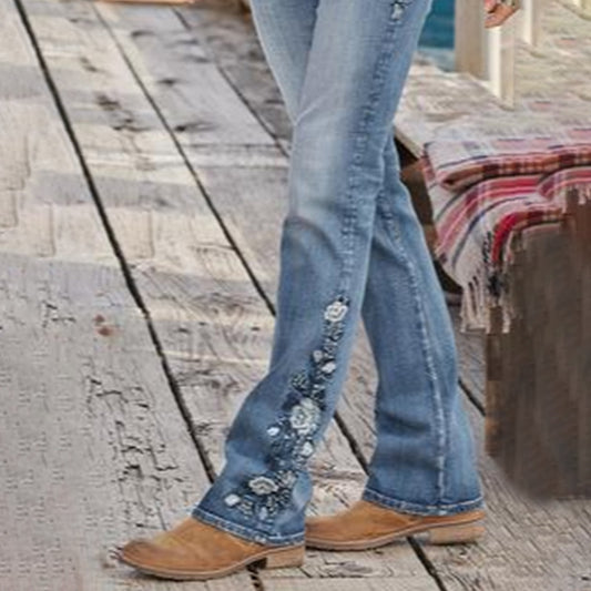 Women's Embroidered Simple Mid Waist Spring Elastic Jeans