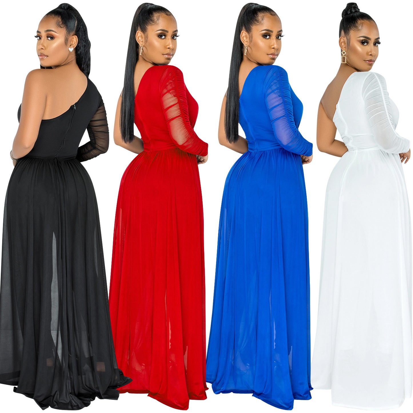 Women's Color Sexy Mesh Diagonal Collar Long-sleeved Pants