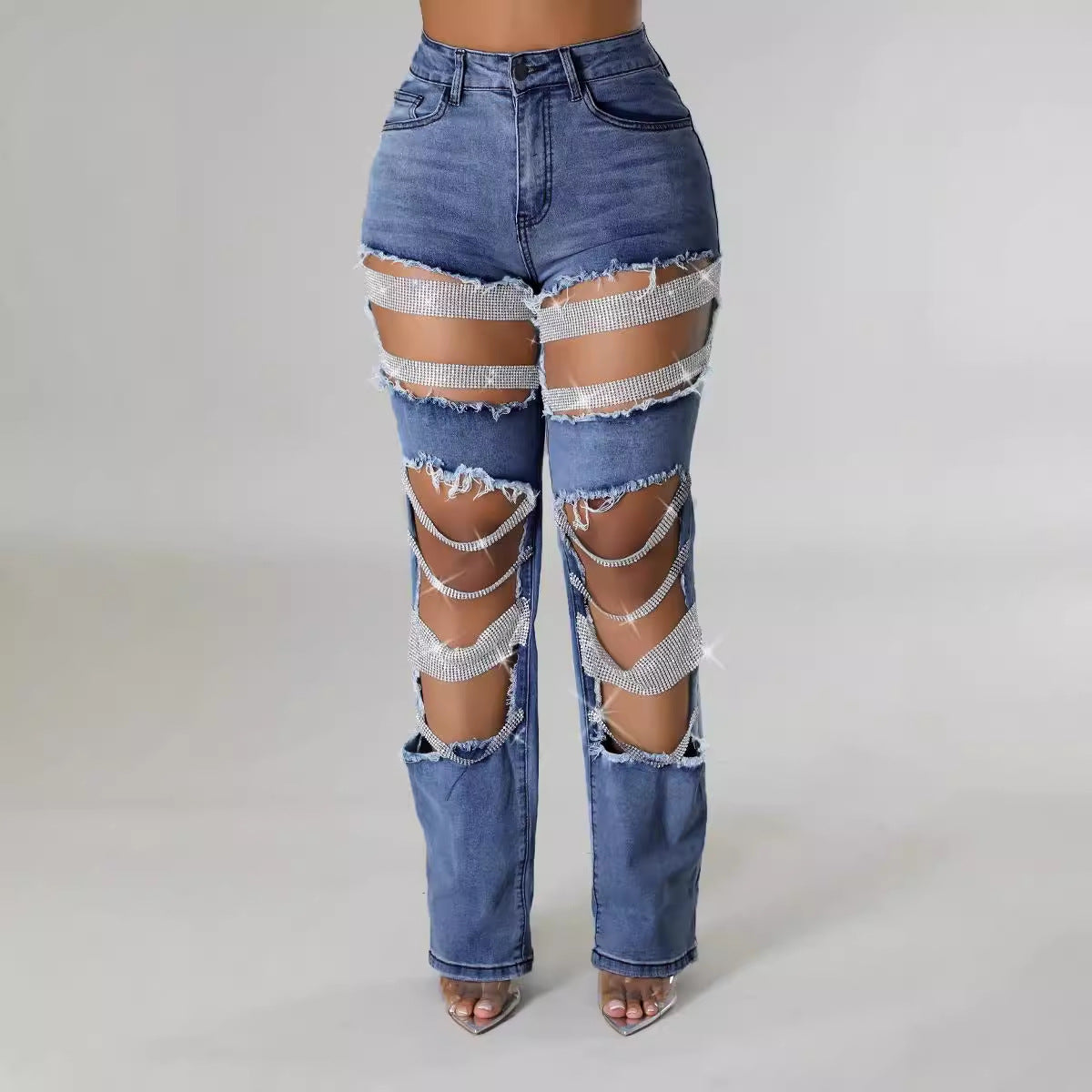 Women's Ripped Cool Beaded High Waist Stretch Denim Jeans