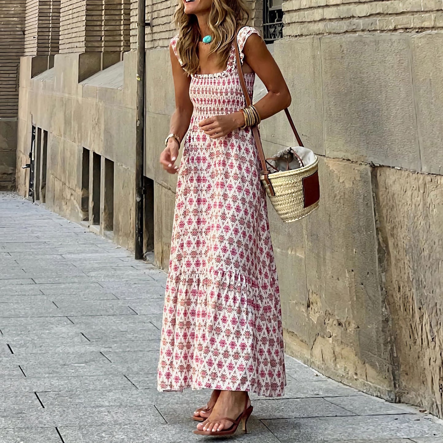 Women's Elegant Printed Elastic Suspender Vacation Style Dresses