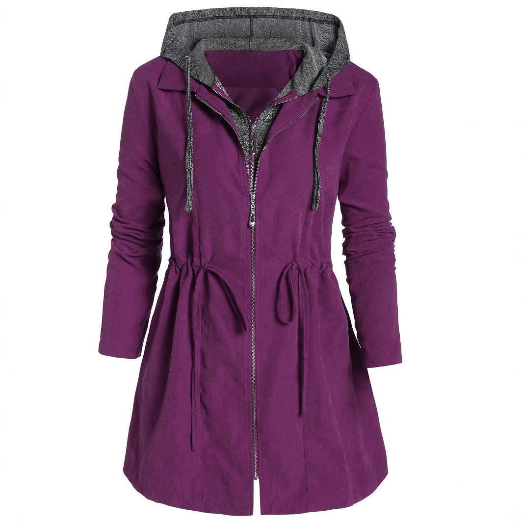 Women's Mid-length Zipper Fake Two-piece Hooded Style Coats