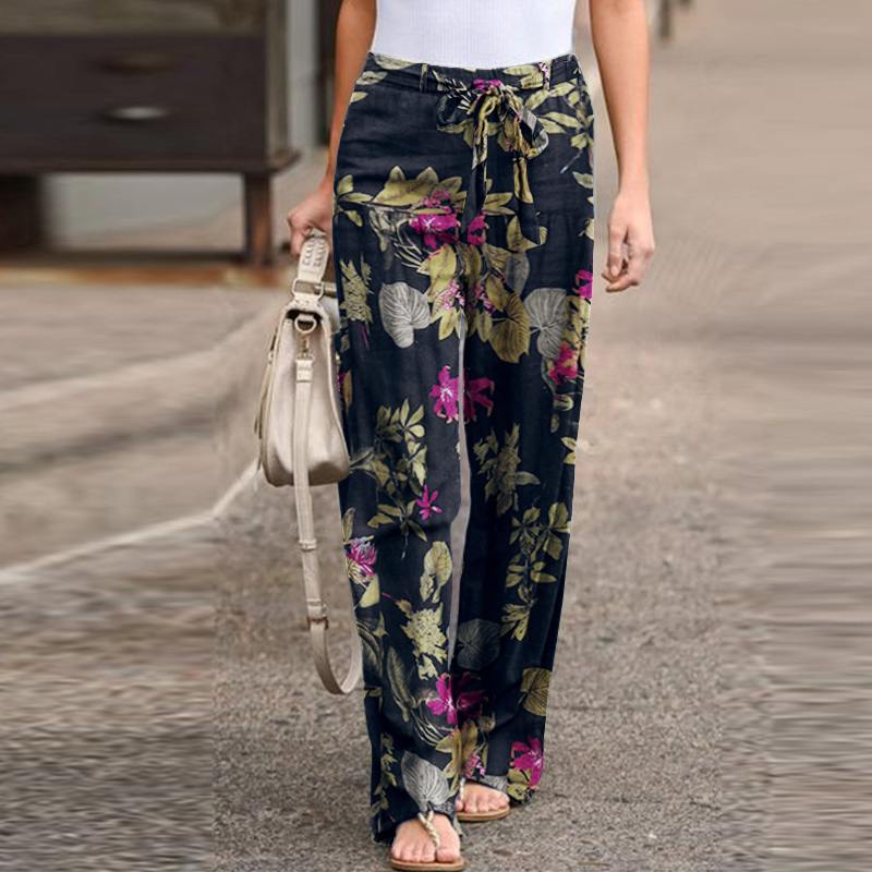 Women's Printed Cotton Linen Casual Comfortable Elastic Pants