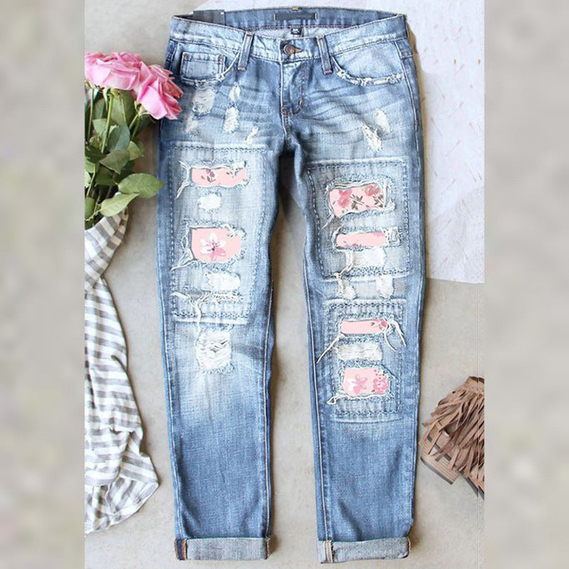 Women's Graceful Fashion Printing Hole Straight Jeans