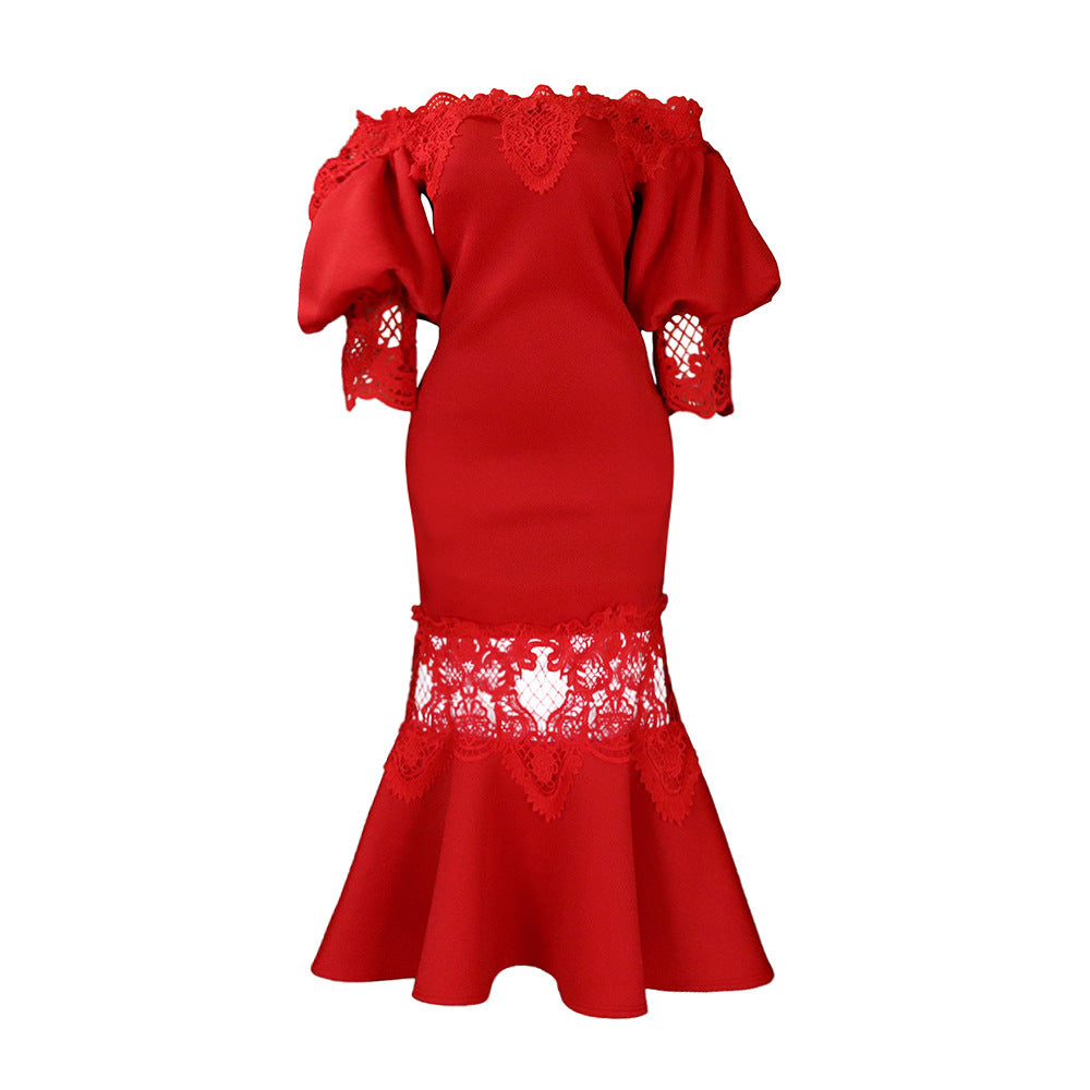 Women's Puff Sleeve Lace Stitching Banquet Fishtail Dresses