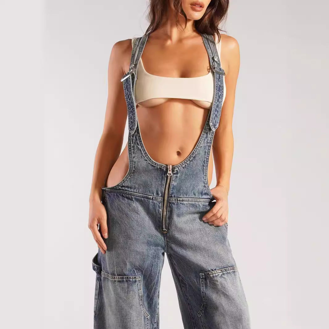 Street Style Low Waist Strap One-piece Wide Leg Summer Jeans