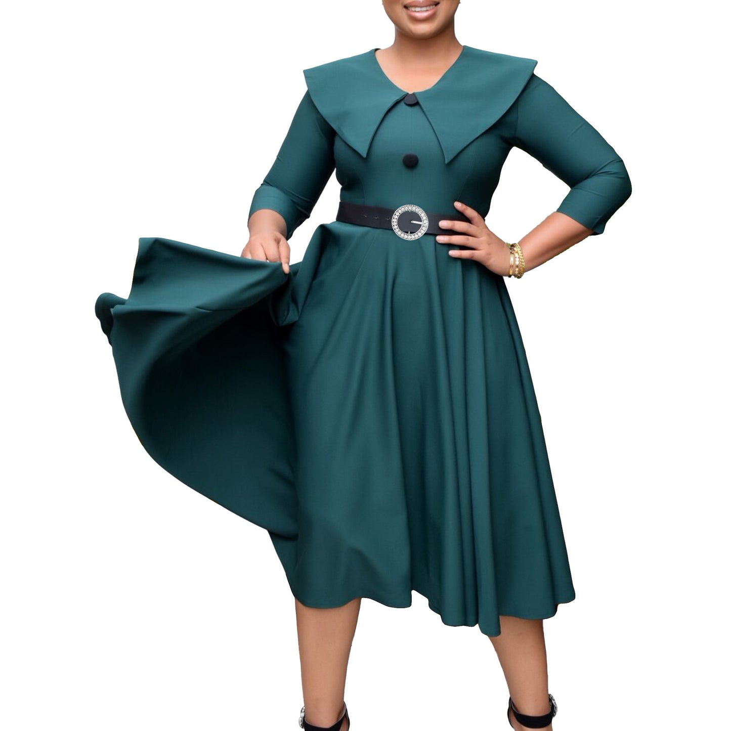 Women's Elegant Lapel Sleeve Slim Fit A- Line Dresses
