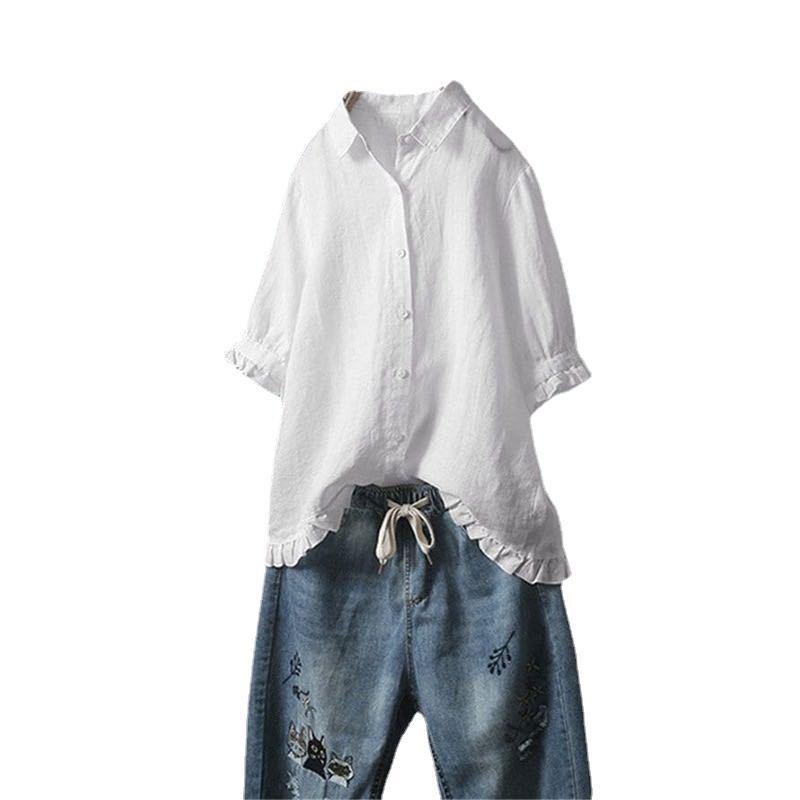 Women's Cotton Linen Casual Single-breasted Ruffled Sleeves Blouses