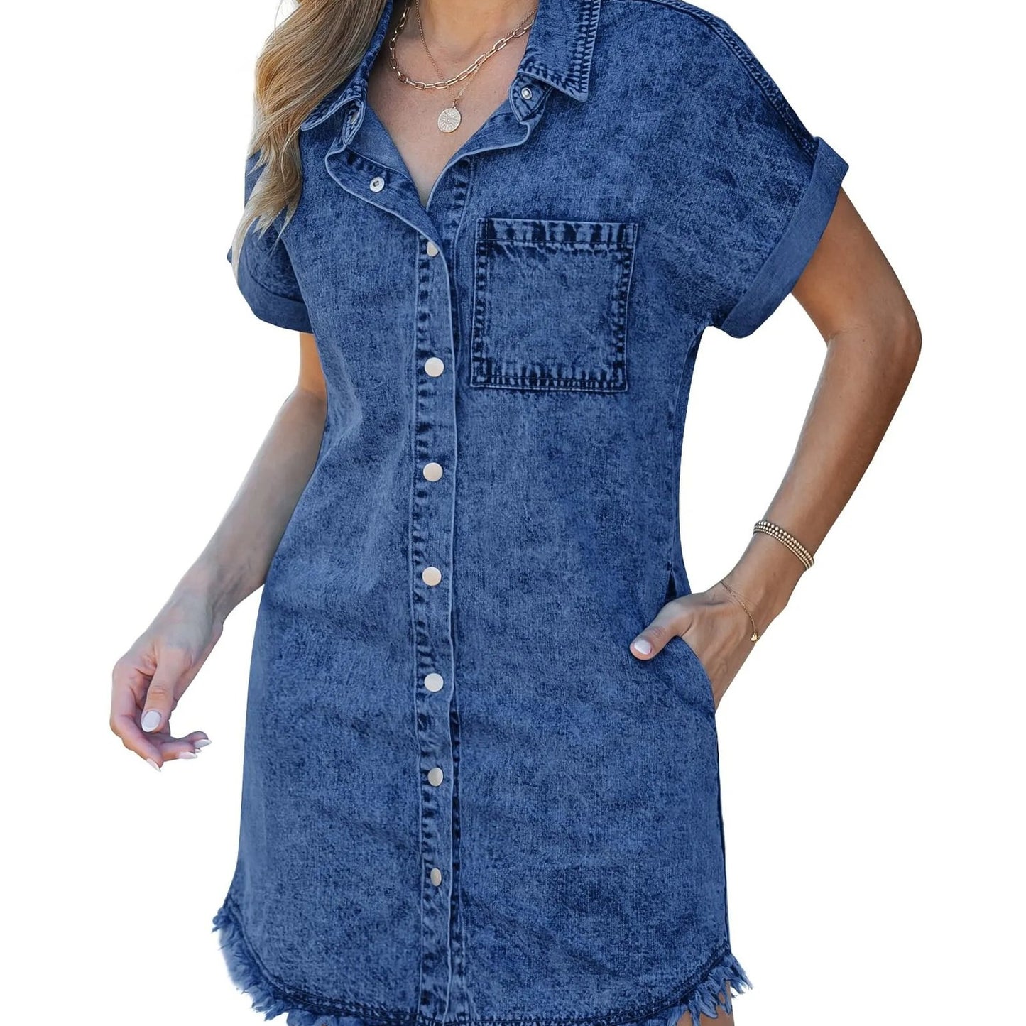 Women's Short-sleeved Denim Shirt Dress Buckle Casual Dresses