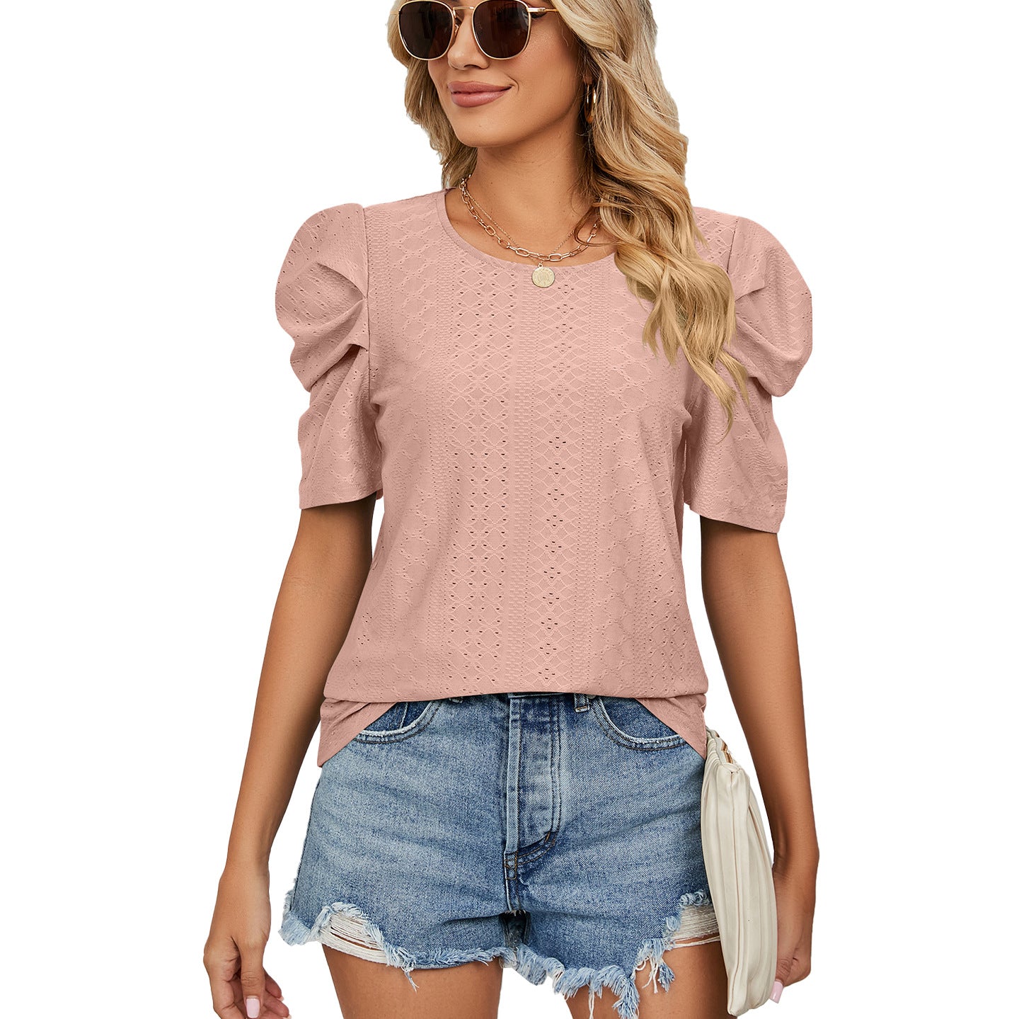 Solid Color Round Neck Pleated Loose-fitting Tops