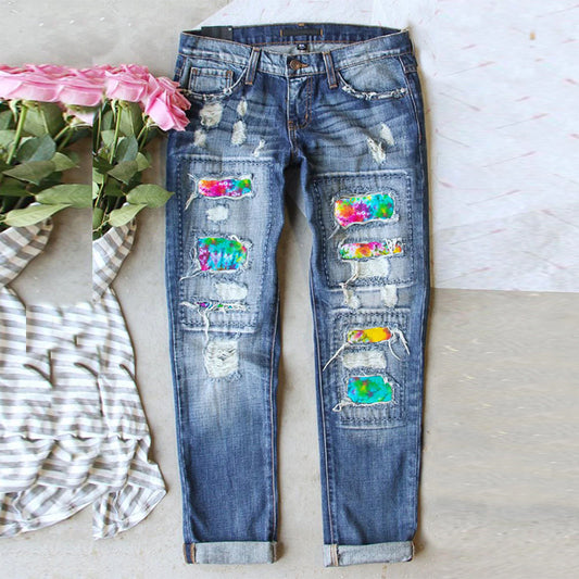 Women's Summer Ripped Rainbow Patch Casual Straight Jeans