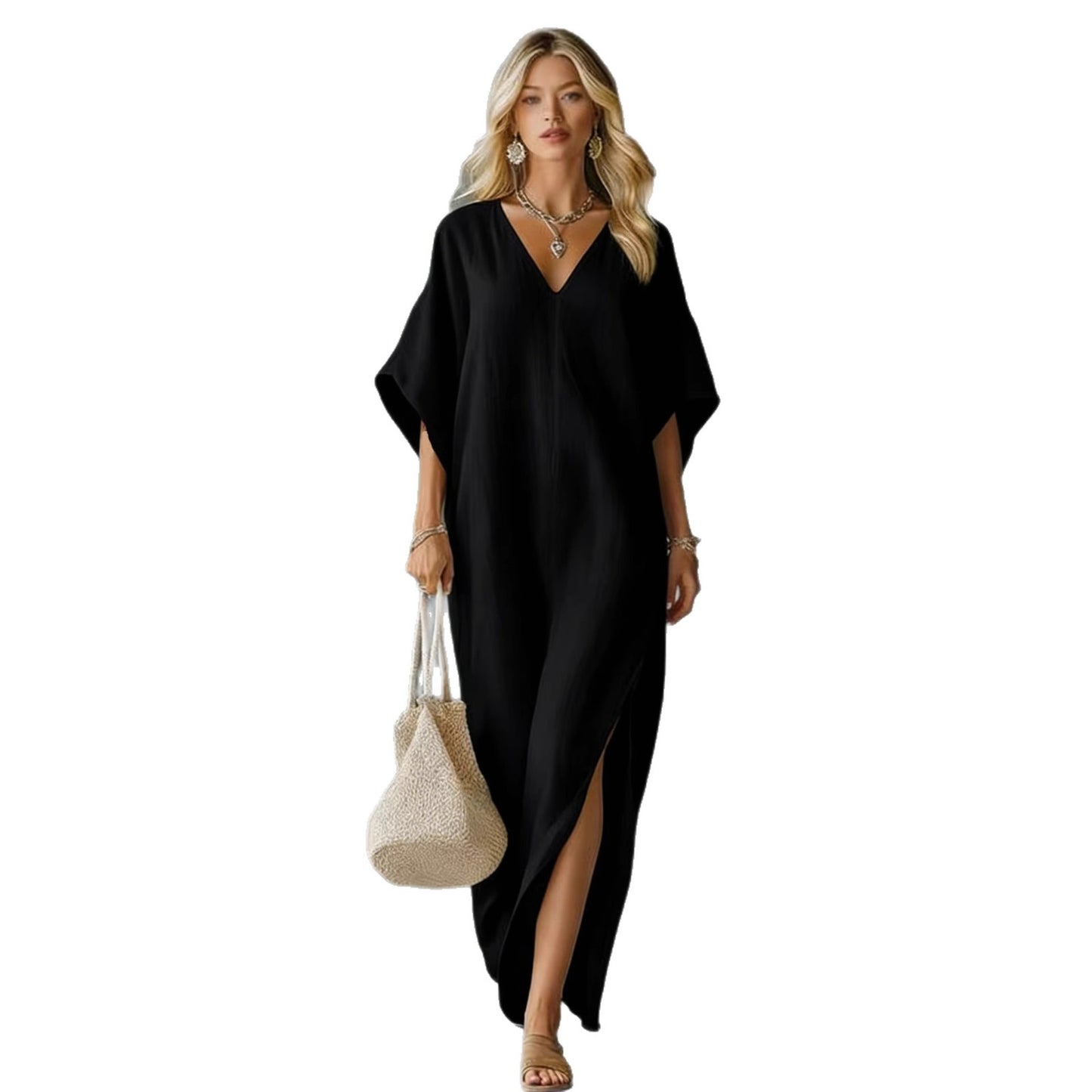 Style Loose Collar Batwing Sleeve Side Slit Dress